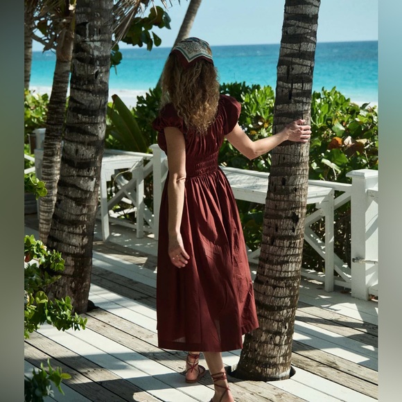 Doen Quinn cotton poplin puff sleeve midi dress in Amberwood rust - Picture 3 of 9